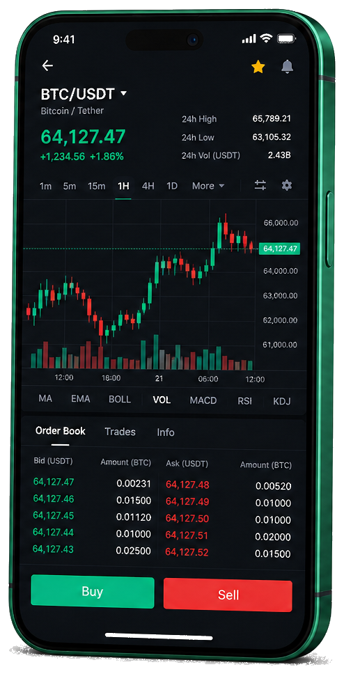 Interface mobile de trading Fondaurance — cours BTC/USDT en temps réel, carnet d’ordres et outils de suivi des transactions